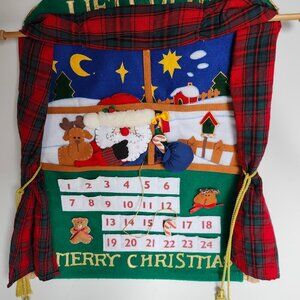 VINTAGE Christmas Advent Calendar Santa Count Down Wall Hanging Fabric